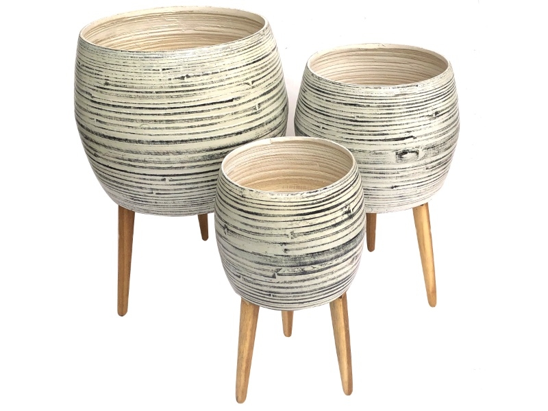 Handcrafted Coiled Bamboo Planter with Removable Wooden Feet - Grey Washed Eco-Friendly Pot Set